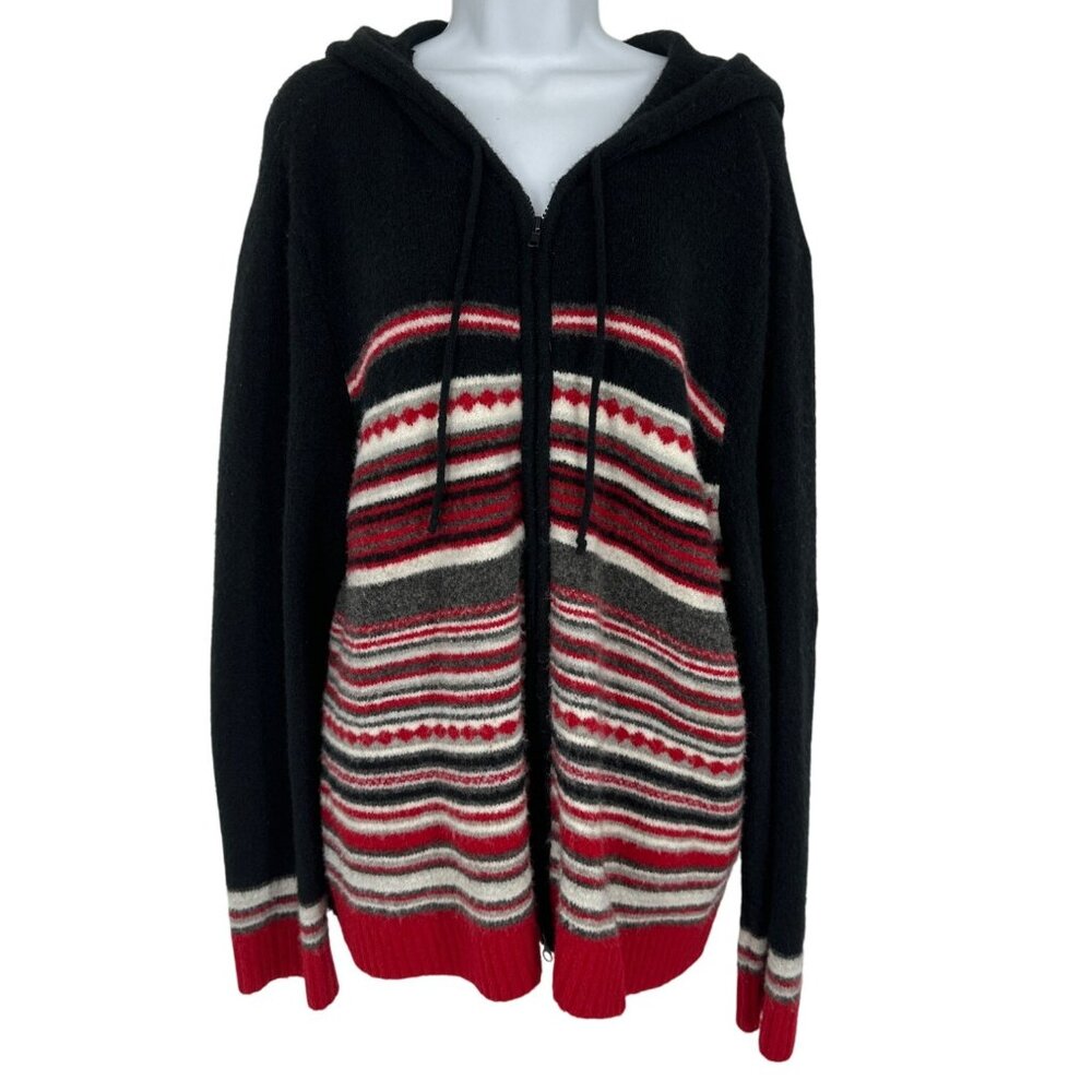 Lane‎ Bryant Womens Black Hooded Red, White, Gray Striped Cardigan Size 18/20